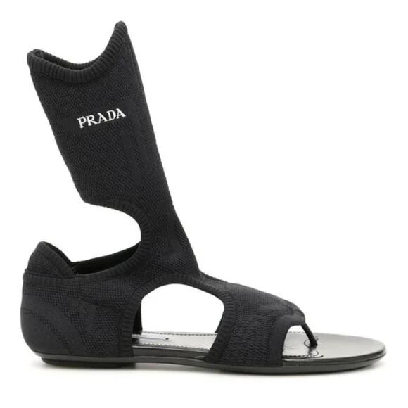 Prada Knitted Black Stretch Sock Flat Sandals Cutouts - Picture 1 of 13